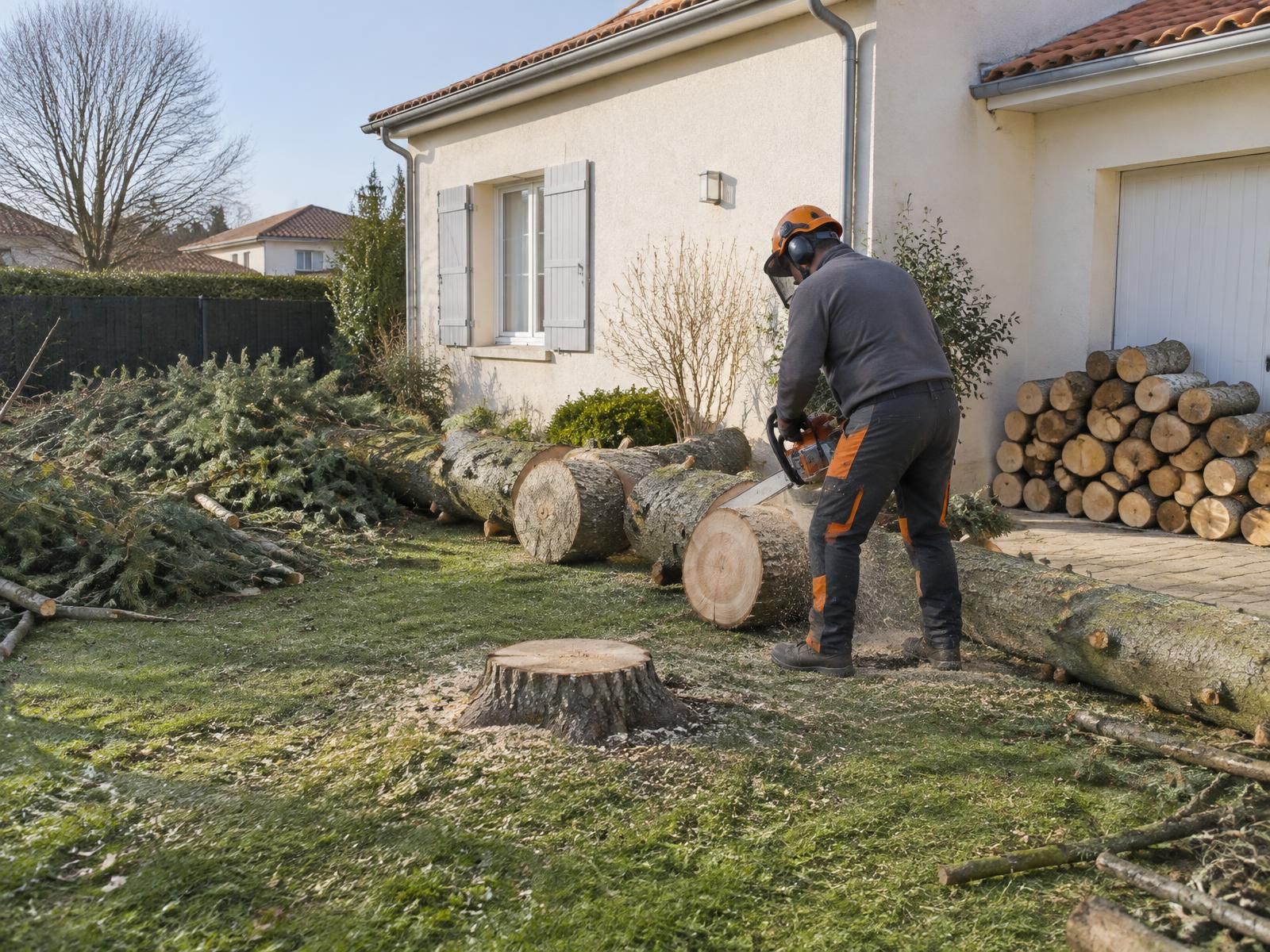 Artisan casqué qui découpe à la tronçonneuse un tronc abattu, bûches empilées contre le mur d'une maison, souche dans la pelouse