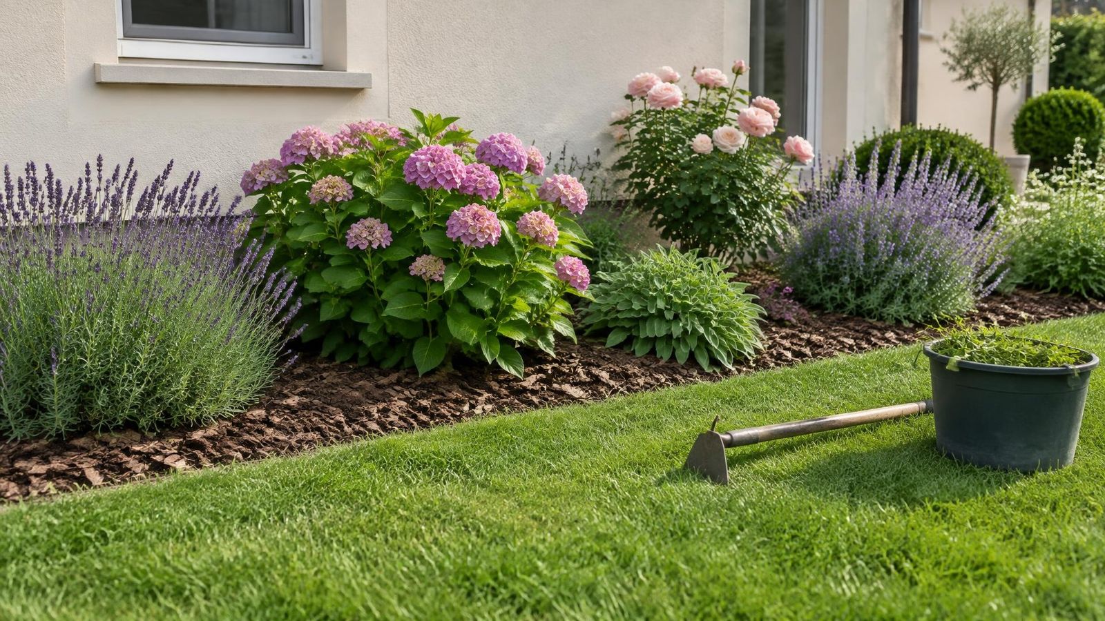 Massif paillé d'écorces au pied d'une maison : lavandes, hortensias roses et rosier, pelouse rase devant, binette posée dans l'herbe