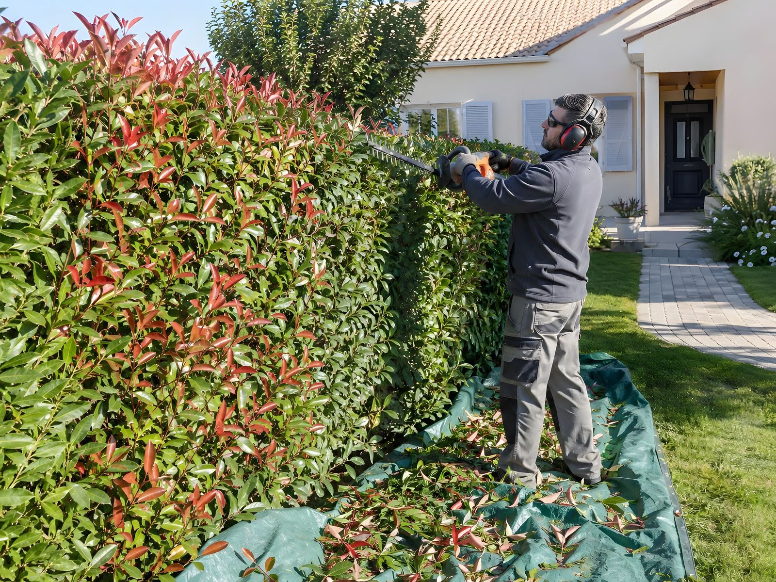 Paysagiste au casque antibruit qui taille au taille-haie une haie de photinias aux pousses rouges devant une maison, les coupes tombées sur une bâche verte
